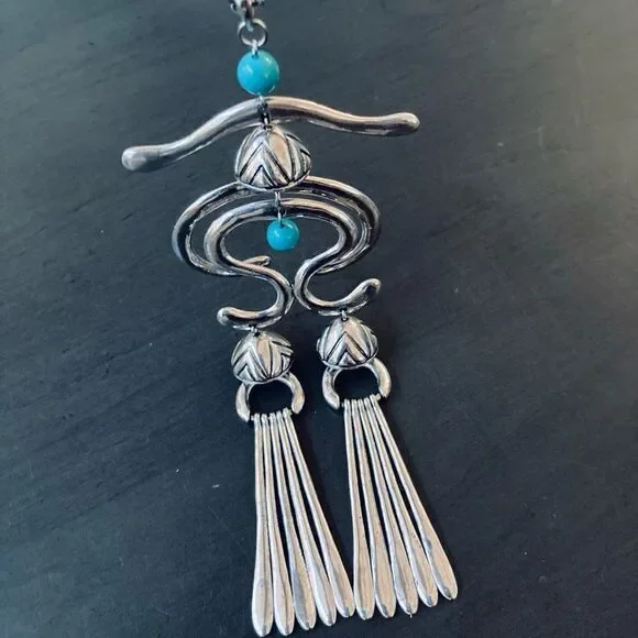 Laurel Burch Turquoise Silver Haight Statement Necklace Earrings Set - Picture 5 of 11